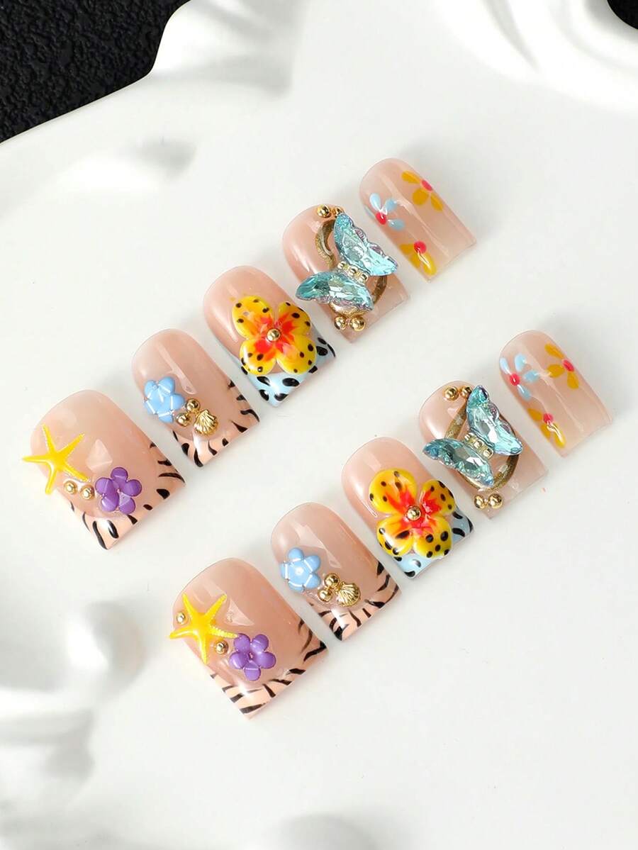 10pcs Handmade Press-On Nails, French Short Square Acrylic Fake Nails With 3D Butterfly, Flower And Starfish Decor, Reusable Removable Hand-Painted Nail Art Set, Long-Lasting And Durable, Y2K Style, Suitable For Daily Wear And Party - Multicolor - View 1