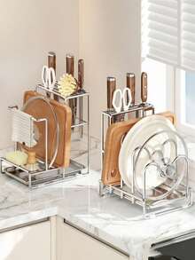 Super Practical Kitchen Utensil & Tool Storage Rack, Multifunctional Knife Holder, Integrated Design, Stainless Steel Material, Rational Partitioning, Space-Saving, Stores Various Kitchen Knives, Chef Knives, Cutting Boards, Pot Lids, Towel Racks And Other Kitchen Utensils. - Solid Color - View 1