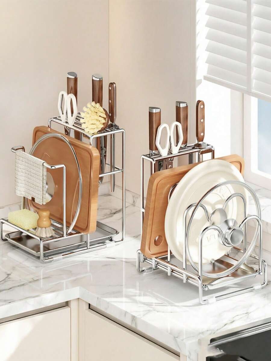 Super Practical Kitchen Utensil & Tool Storage Rack, Multifunctional Knife Holder, Integrated Design, Stainless Steel Material, Rational Partitioning, Space-Saving, Stores Various Kitchen Knives, Chef Knives, Cutting Boards, Pot Lids, Towel Racks And Other Kitchen Utensils. - Solid Color - View 1