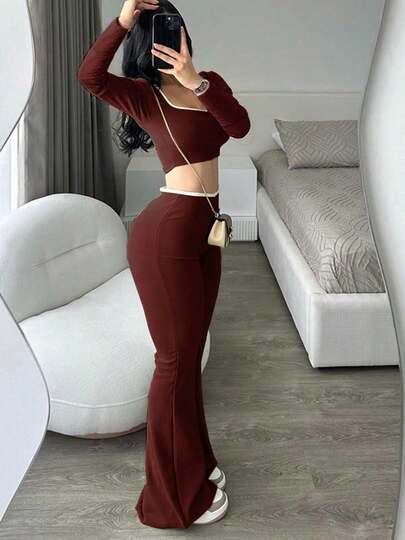 Sexy And Comfortable Elasticated Low-Waisted Flared Pants Set, Perfect For Spring