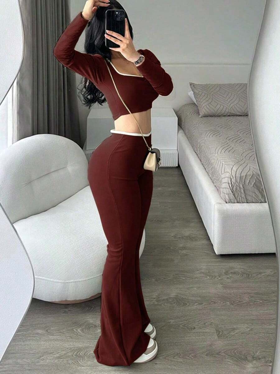Sexy And Comfortable Elasticated Low-Waisted Flared Pants Set, Perfect For Spring - Bordeaux - View 1