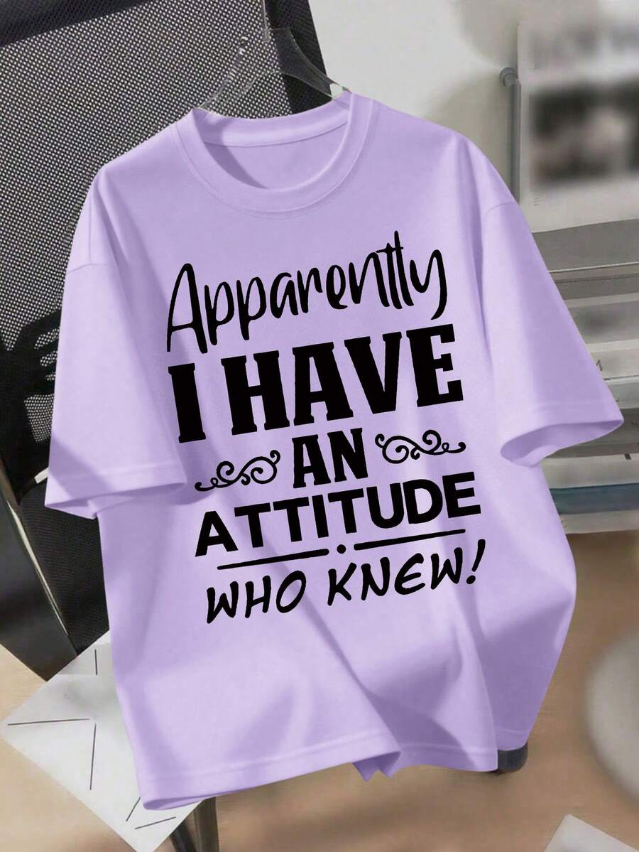 This Girls' Short-Sleeved Crewneck Pullover Features The Slogan "Apcurrily I Have An Attitude, Who Knows!". Comfortable, Stylish, And Versatile - Mauve Purple - View 1