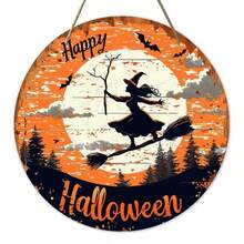 復古鄉村風圓形木製萬聖節吊掛裝飾牌，女巫帽與南瓜設計，Happy Halloween 居家、派對、門口牆面裝飾 - A - 查看 7