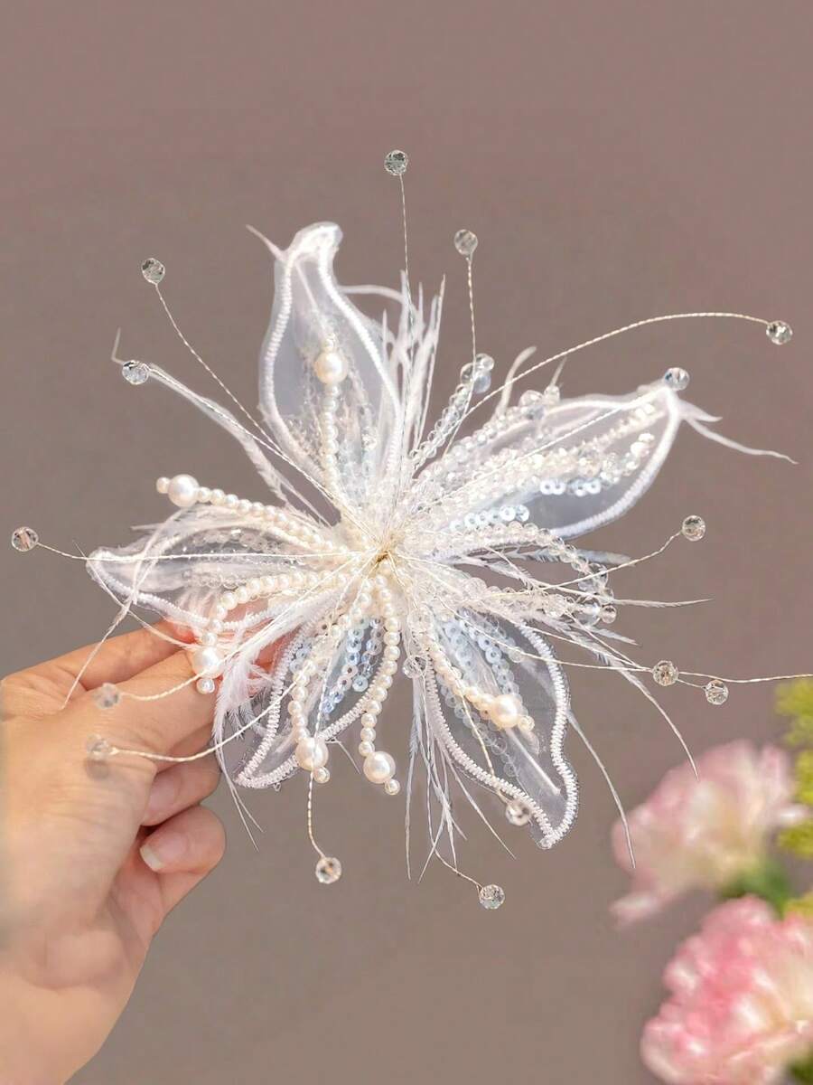 1pc Sheer Organza Flower Hair Clip, Pearl & Crystal Embellished Feather Floral Barrettes, Party Hair Accessory - Multicolor - View 1
