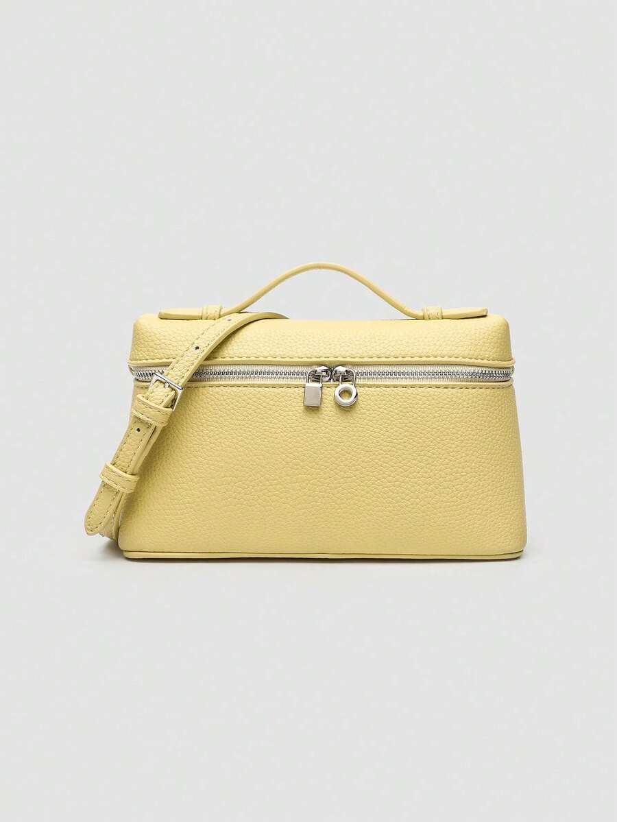 1 pieza Bolso de hombro cuadrado de unicolor con textura de grano de litchi en PU, bolso de mano pequeño para mujer, adecuado para combinar con diaria, salidas, compras, fiestas, bol - Marrón Mocha - Ver 1
