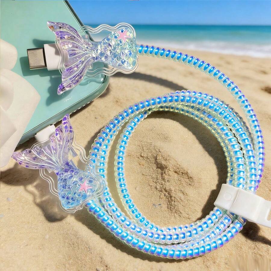 Type-C 充電線防斷裂保護套 - 耐用塑膠充電線護套,花卉設計,防刮耐衝擊,相容於 16 15 14/13/12/11 Pro Max,保護數據線免受損壞 - 藍色 - 查看 1