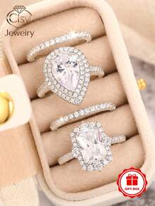 4pcs Elegant Cubic Zirconia Stone Rings Set With Gift Box, Suitable For Women, Applicable For Wedding, Engagement, Anniversary Party, Jewelry Valentine's Day Gift And More - 1# - View 11