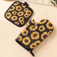 Sunflower Print Pattern, Daily Home Use Oven Mitts And Pot Holders, Kitchen Cooking And Baking, Microwave Heat-Resistant Mitts And Pads 2pcs/Set - View 8