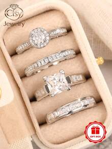 4pcs Cubic Zirconia Stone Ring Set With Gift Box, Suitable For Women, Applicable For Wedding, Engagement, Anniversary Party, Jewelry Valentine's Day Gift - 1# - View 10