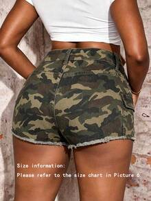 Women's Stretchy Distressed Denim Shorts, Skinny Fit Butt Lifting Jean Shorts, Sexy Spring Summer Camo Print Frayed Hem Denim Shorts - 軍綠色 - 查看 2