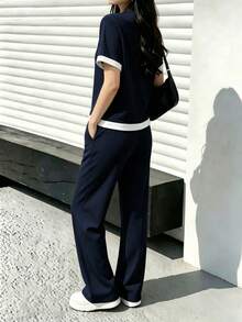 Spring/Summer Women's 2-Piece Set, Casual Versatile Contrast Color V-Neck Short Sleeve Top And High Waist Drawstring Straight Leg Pants Elegant - Navy Blue 46+ Off-white - View 6