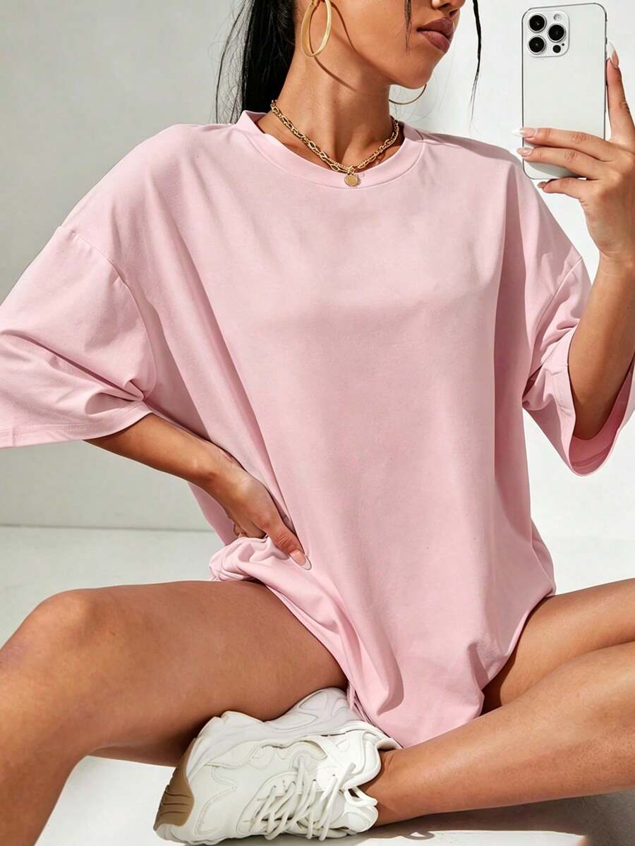 Sundraya Crew Neck Drop Shoulder T-Shirt - Rose - View 1