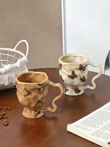 1pc Vintage Kiln-Glazed Handmade Ceramic Mug | Unique Wavy Handle & Butterfly, Swallow Texture | Home, Office, Coffee Time Essential - Multicolor - View 3