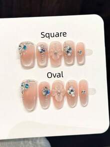 10 Peças Unhas Postiças Acrílicas Quadradas & Ovais Feitas à Mão, Pontas de Unhas Rosa Médio com Glitter Olho de Gato, Decoração com Strass & Corrente de Pérolas, Manicure DIY de Luxo para Festa de Verão, Uso Diário, Encontro, Férias, Presente para Mulheres & Meninas, Suprimentos de Unhas - Rosa chiclete - Visão 15