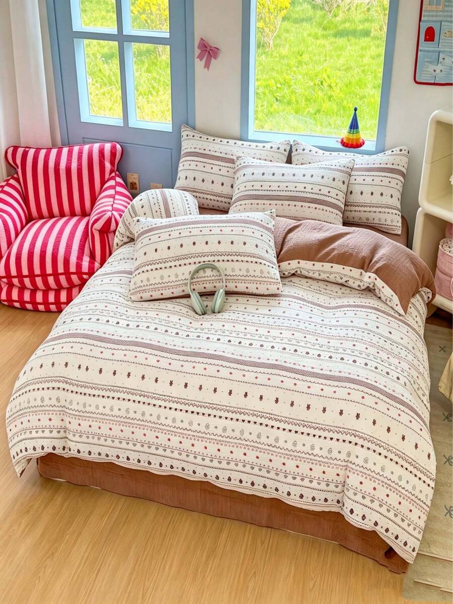 Bao Fu Mian Puff Gauze 3 Pieces Duvet Cover Set (1 Duvet Cover + 2 Pillowcases, Duvet Insert And Pillow Insert Not Included), Bedding Set, Girly Princess Style Bedroom Atmosphere, Comfortable Soft Breathable Fluffy Versatile, Machine Washable For All Seasons - Brown - View 1