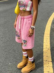 Unisex Dream Vibe Diamond Rose Print Washed Denim Bermuda Shorts, Elastic Drawstring Loose Straight Casual Summer Jorts For Women - 玫瑰紅 - 查看 2