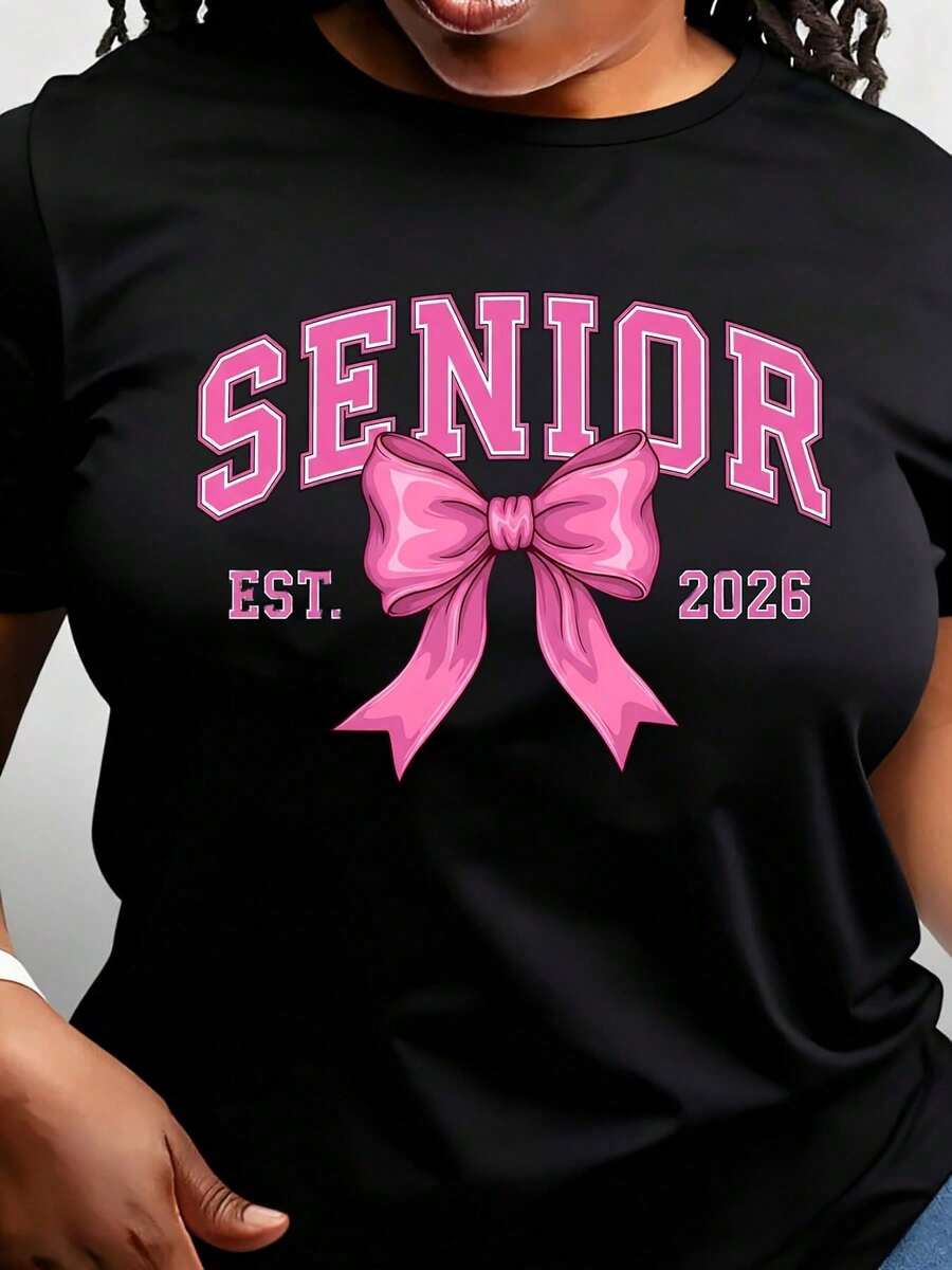 Vintage 2026 T-Shirt With A Pink Bow Design. Soft And Relaxed Fit, Perfect For School And Everyday Wear. - 黑色 - 查看 1