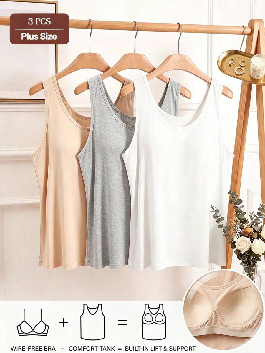 3pcs Plus Size Solid Color Camisole Tank Top With Built-In Chest Pads, Seamless Comfortable High Elasticity Sleeveless Undershirt - Multicolor - View 1