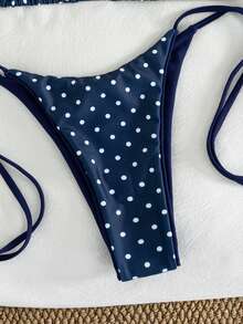 Women's Leopard Print Halter Neck Tie Sexy Bikini Set, 2025 Summer Beach Vacation Style - Navy Blue and White Dots - View 6