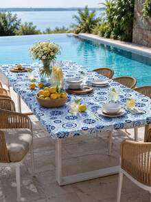 1 pieza-Cubierta de mesa elástica ajustada redonda con estampado de azulejos de porcelana azul, mantel de poliéster elástico con borde elástico, cubierta de mesa lavable de ajuste ceñido para cocina, patio, jardín, comedor, piscina, picnic, uso interior y exterior - Multicolor - Ver 10