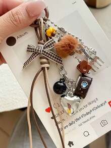 1pc Maillard Style Vintage Camera Plush Ball Keychain Pendant With Bow, Ins Style Phone Charm, Suitable As A Gift For Friends, Family And Classmates - Multicolor - View 5