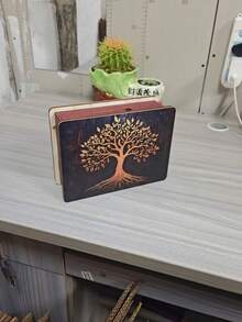 1 pieza Hucha decorativa de madera hecha a mano, caja de monedas de madera vintage reutilizable, caja de monedas rectangular 2D con patrón de árbol dorado, para decoración del hogar y la oficina - Multicolor - Ver 7