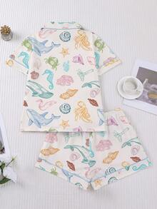 2pcs/Set Women's Pajama Set, Whale & Seahorse Print, Women's Loungewear, Spring/Summer Holiday Outfit, Short Sleeve Top And Shorts Set - Blue - View 2