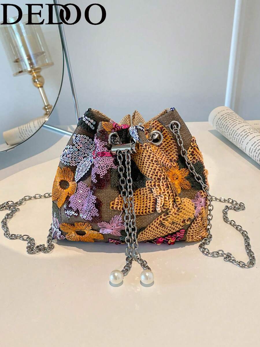 Dedoo 女款花卉亮片抽繩水桶斜挎包，迷你亞麻刺繡手拿包，配銀色鏈條與珍珠流蘇，適合派對