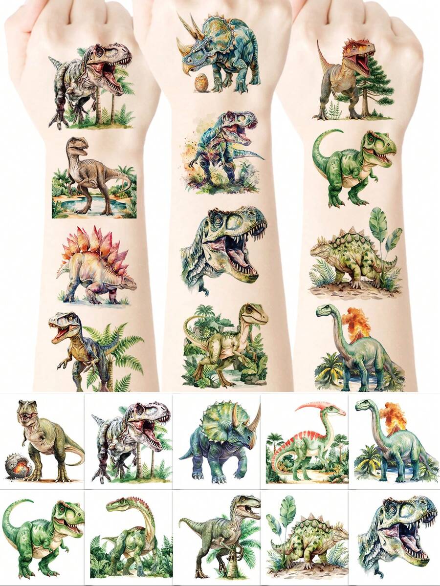 24Sheets Realistic Dinosaur Temporary Tattoos - Assorted Jurassic Designs With T-Rex, Triceratops, Pterosaur, Velociraptor, Stegosaur - Perfect For Birthday Party Favors, Goodie Bag Fillers, Stocking Stuffers - Green - View 1