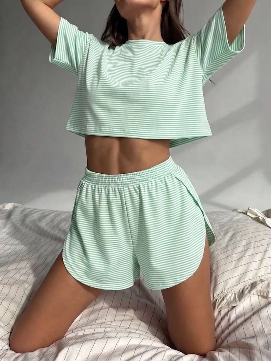 2pcs/Set Minimalist Contrast Stripe Casual Loose Knit Long Sleeve Top With Side Slit & Shorts Loungewear Set, Suitable For Home Use - Mint Green - View 1