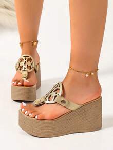 Platform Wedge Sandals, Ladies' Strappy Flip Flops, High Heel Summer Shoes - Gold - View 4