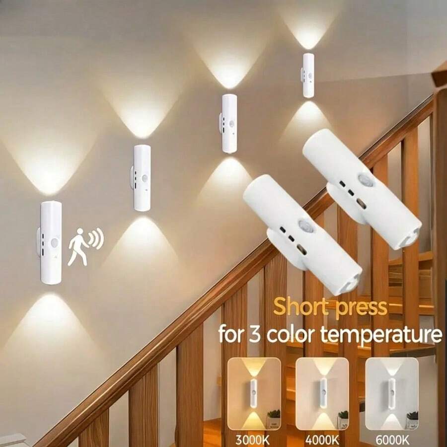 免布線安裝夜燈 2/4/8入組 LED 壁燈,充電式感應壁燈,自黏式山丘雙氛圍燈,適用於臥室、樓梯、室內、室外、陽台、更衣室 - 三色光 - 查看 1