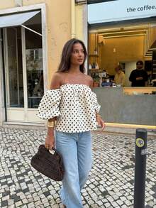Women's Polka Dot Contrast Color Pleated Off-Shoulder Top, Suitable For Beach And Daily Wear, Spring/Summer White - White - View 4