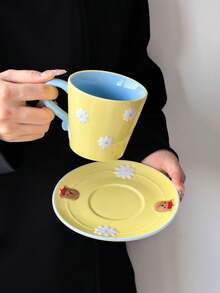 1 Set Dopamine Relief Hand-Painted Ceramic Coffee Cup & Saucer, Korean Cute Ins Style Niche Design Coffee Cup, Paired With Cartoon Bear & Flower Pattern Saucer, Girly Personalized Cup, Perfect For Coffee & Afternoon Tea, Gift - Multicolor - View 6