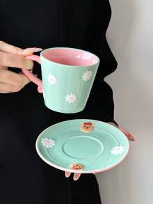 1 Set Dopamine Relief Hand-Painted Ceramic Coffee Cup & Saucer, Korean Cute Ins Style Niche Design Coffee Cup, Paired With Cartoon Bear & Flower Pattern Saucer, Girly Personalized Cup, Perfect For Coffee & Afternoon Tea, Gift - Multicolor - View 9