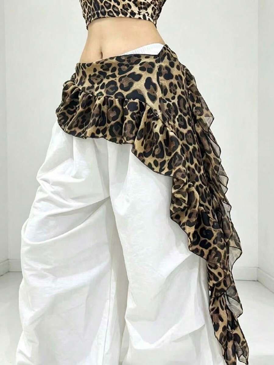 1pc Y2K Leopard Print Ruffle Waist Scarf, Chiffon Asymmetric Layered Hem Cover, Women's Versatile Street Style Waist Scarf - Leopard Print - View 1