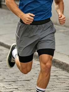 Grey & Black 2-In-1 Quick-Dry Sports Shorts, Outer Layer Ice-Cool Quick-Dry Fabric, Split Hem Enhances Freedom Of Movement. Summer - Grey - View 3