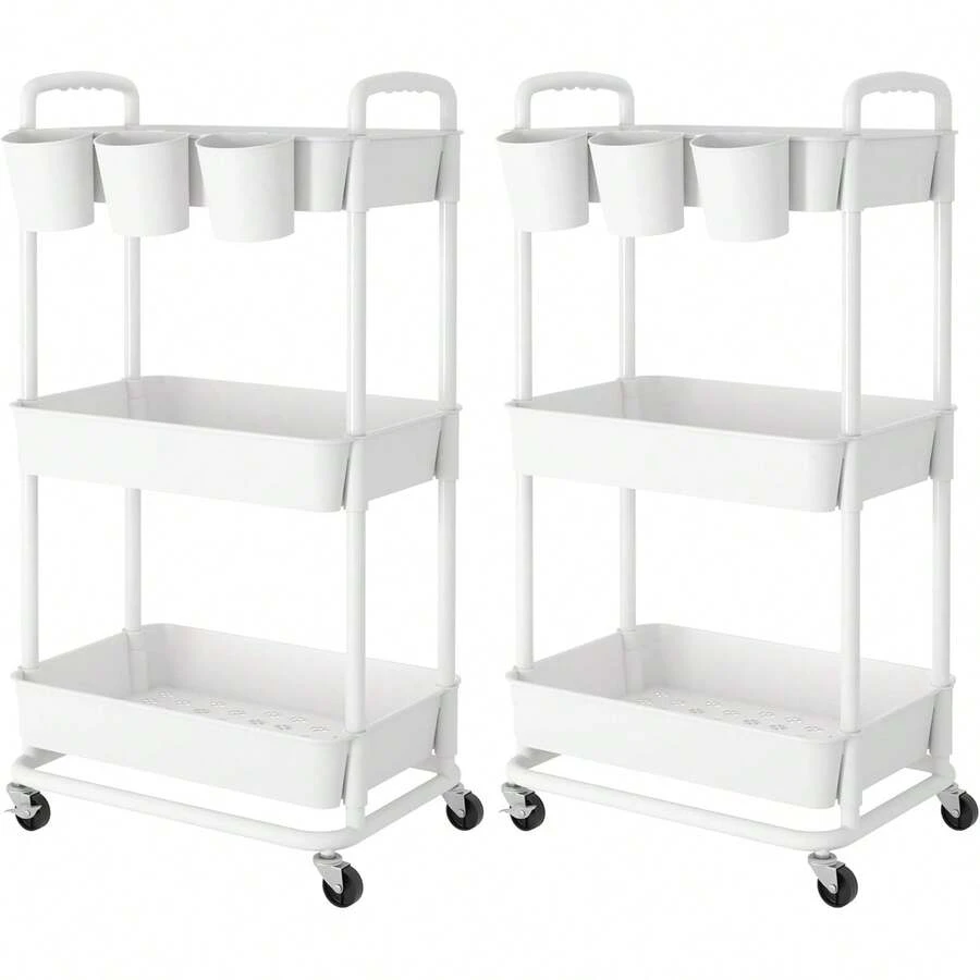 3 Tier Plastic Rolling Storage Cart With Extra Hanging Cups Handles Lockable Wheels For Living Room Bathroom Kitchen Office White - White - View 1