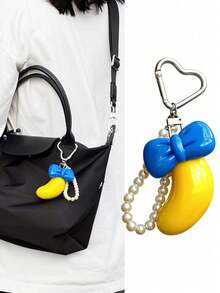 Unique & Interesting 3D Contrast Bow Pendant, Faux Pearl Chain Keychain, Fresh & Sweet Contrast Color Bow Packaging Accessory, Fashion 3D Design Heart Buckle With Pearl Chain Creative Bag Charm - Blue - View 3