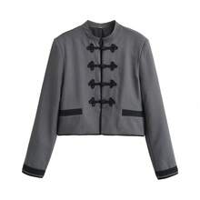 ZAHM 2026 Autumn/Winter New Chinese Style Frog Button Suit Jacket, Stand Collar Short Gray Coat - Grey - View 9