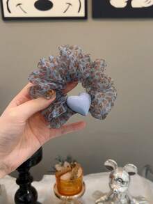 1pc/2Pcs Y2K Style Leopard Print Mesh Scrunchie With Heart Shaped Decor, Sweet Girls' Elastic Hair Tie For Daily Ponytail/Bun Hairstyle - Multicolor - View 5