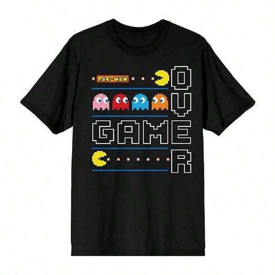 1pc Casual Algodón Camiseta para mujer Deportivo Apto para llevar en primavera verano otoño e invierno Camisetas para parejas con diseño de Pacman y fantasmas retro estilo pixel art - Negro - Ver 1