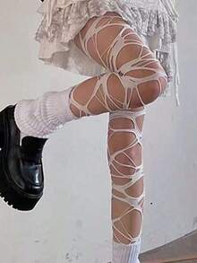 Medias negras de red rasgadas estilo gótico sexy para mujer - Blanco - Ver 3
