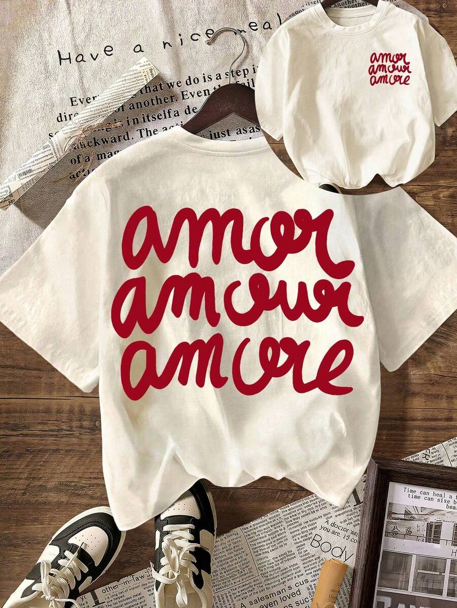 Women's Casual Short Sleeve Crew Neck T-Shirt With Leopard Print "More Love", Autumn, Back To School, Summer Clothing - 裸體3 - 查看 1