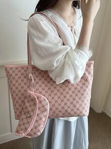 Bolso Tote de Gran Capacidad para Mujer, Bolso de Hombro para Estudiante Universitaria y Viajera - Rosa - Ver 9