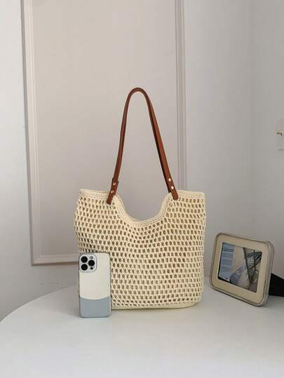 Woven Shoulder Bag Belt Bag Beach Vacation Large Capacity Commuter Tote Bag