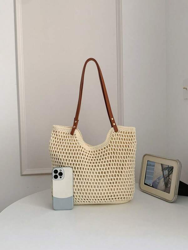 Woven Shoulder Bag Belt Bag Beach Vacation Large Capacity Commuter Tote Bag