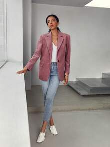 Women's Light Pink Corduroy Blazer, Long Sleeve Work Jacket, Autumn Fashion Regular Fit, With Faux Pockets - Pink - View 4