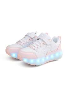 女童 LED 充電發光輪滑鞋，兒童多功能可變形輪滑鞋，可拆卸輪子，適合四季穿著 - 粉色 - 查看 7