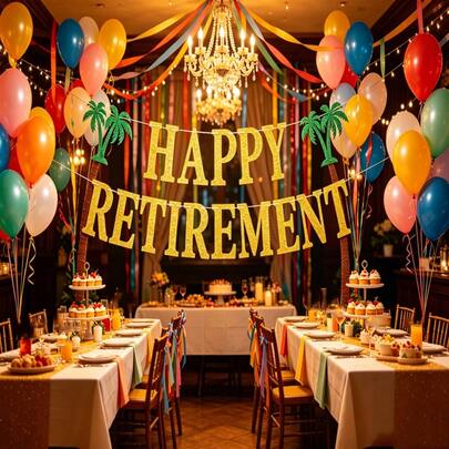 1 Set/Happy Retirement Banner Glitter Gold Letter HAPPY RETIREMENT Bunting/Retirement Party Atmosphere Decoration Supplies/With Coconut Tree Retirement Farewell Party Backdrop Hanging Decor/Retirement Vacation Theme Party Decoration